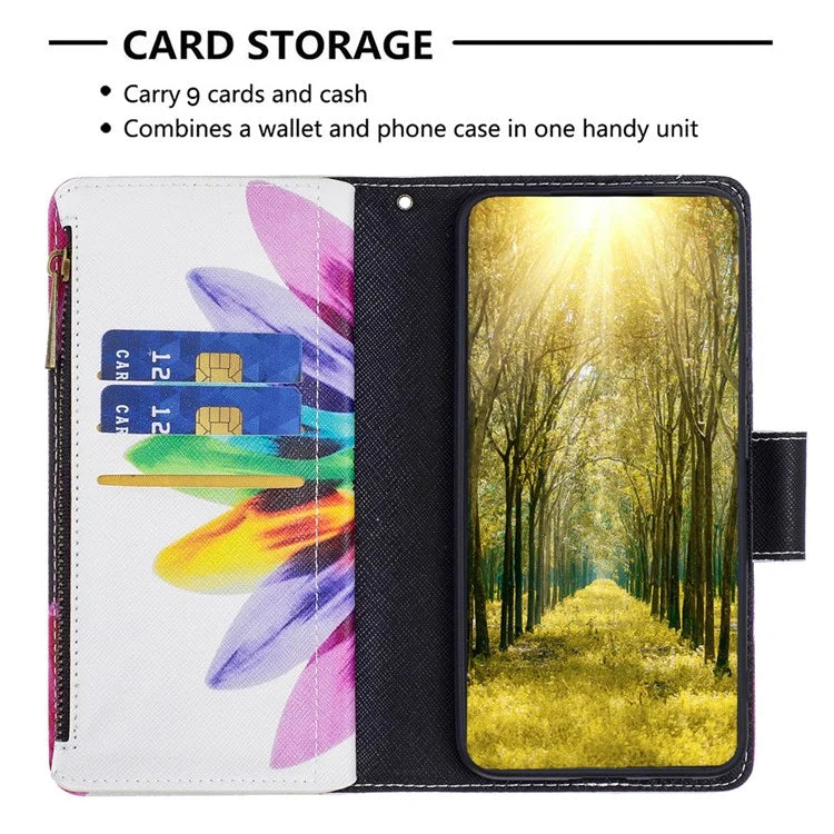 BF03 For iPhone 16 Case Pattern Printing Zipper Leather Phone Stand Cover