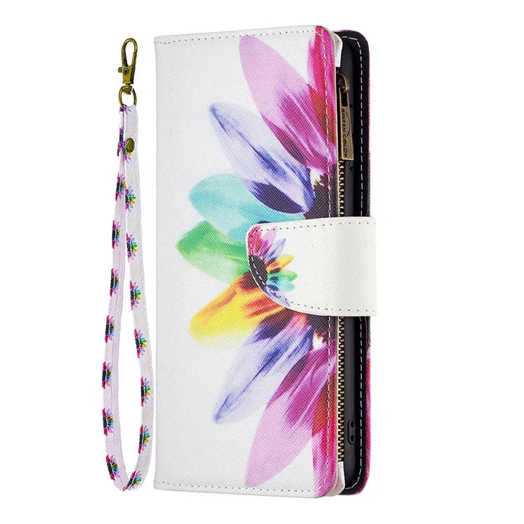 BF03 For iPhone 16 Case Pattern Printing Zipper Leather Phone Stand Cover