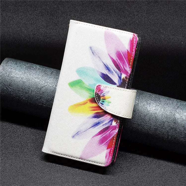 BF03 For iPhone 16 Case Pattern Printing Zipper Leather Phone Stand Cover