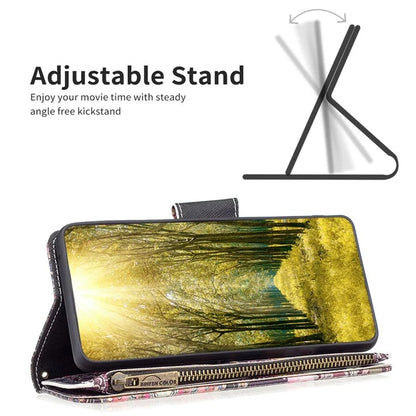 BF03 For iPhone 16 Case Pattern Printing Zipper Leather Phone Stand Cover