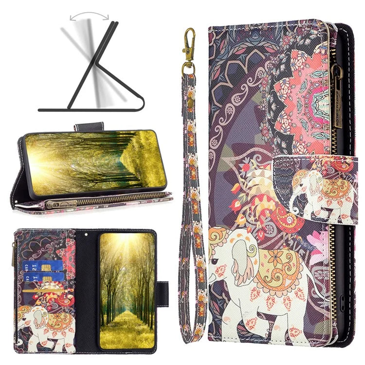 BF03 For iPhone 16 Case Pattern Printing Zipper Leather Phone Stand Cover