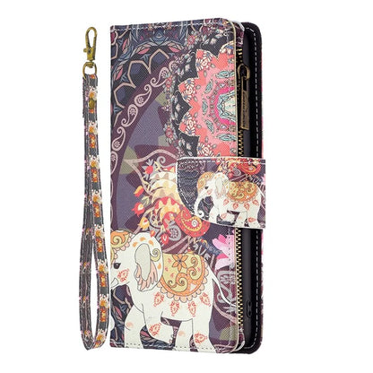 BF03 For iPhone 16 Case Pattern Printing Zipper Leather Phone Stand Cover