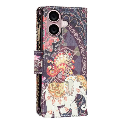 BF03 For iPhone 16 Case Pattern Printing Zipper Leather Phone Stand Cover