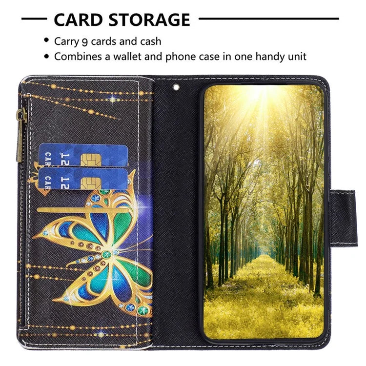 BF03 For iPhone 16 Case Pattern Printing Zipper Leather Phone Stand Cover