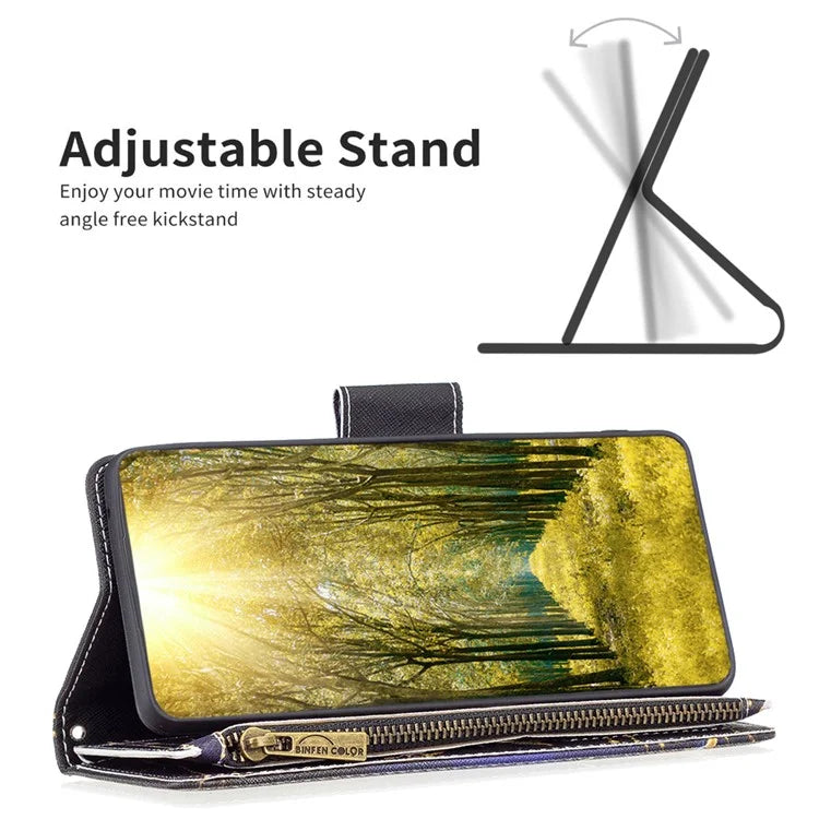 BF03 For iPhone 16 Case Pattern Printing Zipper Leather Phone Stand Cover