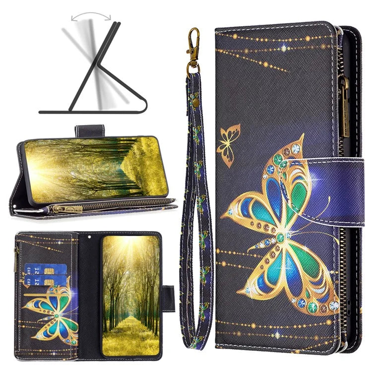 BF03 For iPhone 16 Case Pattern Printing Zipper Leather Phone Stand Cover