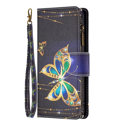 BF03 For iPhone 16 Case Pattern Printing Zipper Leather Phone Stand Cover