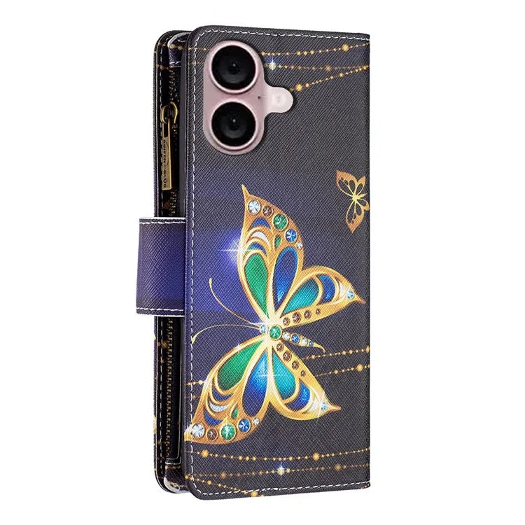 BF03 For iPhone 16 Case Pattern Printing Zipper Leather Phone Stand Cover
