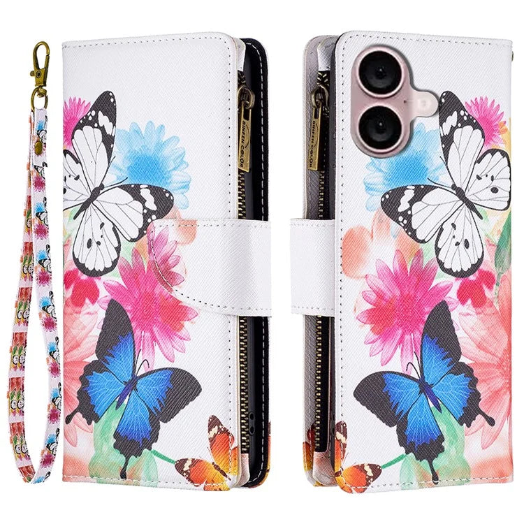 BF03 For iPhone 16 Case Pattern Printing Zipper Leather Phone Stand Cover
