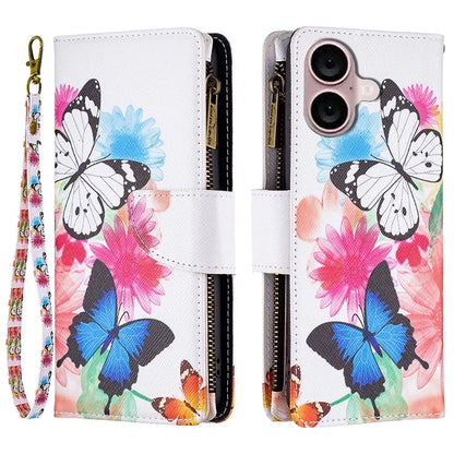 BF03 For iPhone 16 Case Pattern Printing Zipper Leather Phone Stand Cover