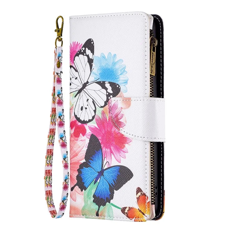 BF03 For iPhone 16 Case Pattern Printing Zipper Leather Phone Stand Cover