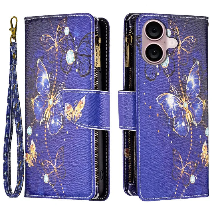 BF03 For iPhone 16 Case Pattern Printing Zipper Leather Phone Stand Cover