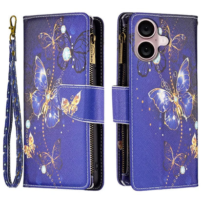 BF03 For iPhone 16 Case Pattern Printing Zipper Leather Phone Stand Cover