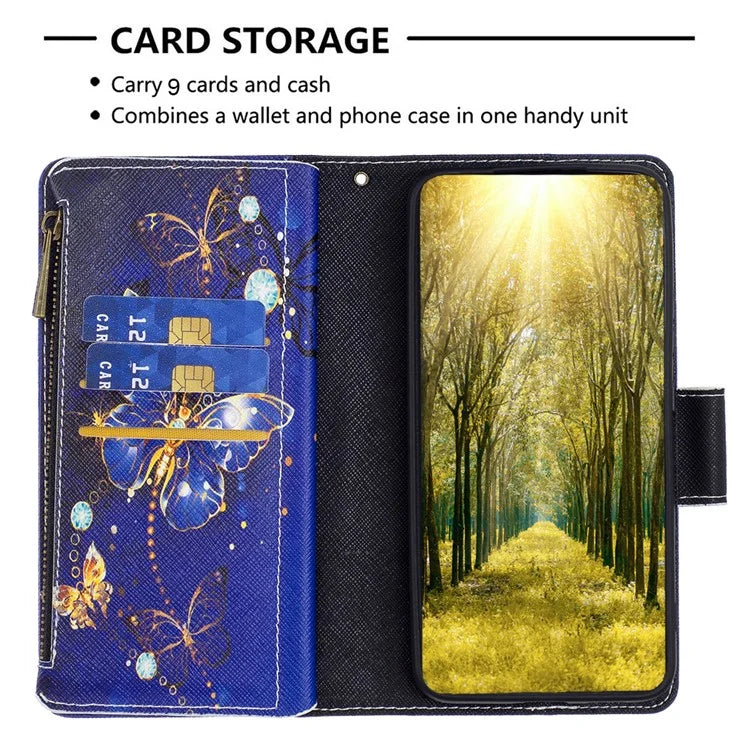 BF03 For iPhone 16 Case Pattern Printing Zipper Leather Phone Stand Cover