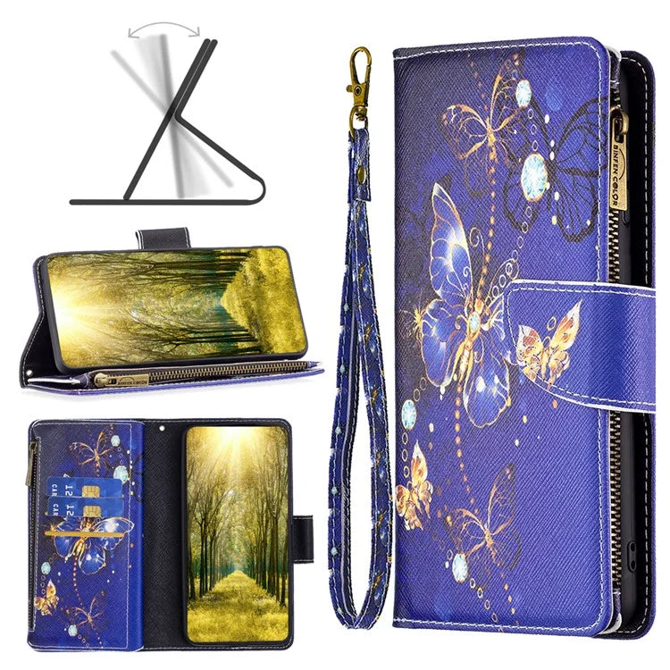 BF03 For iPhone 16 Case Pattern Printing Zipper Leather Phone Stand Cover