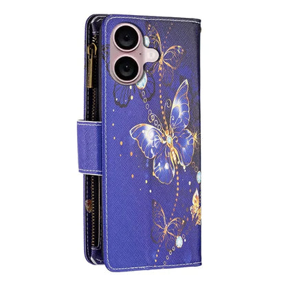BF03 For iPhone 16 Case Pattern Printing Zipper Leather Phone Stand Cover