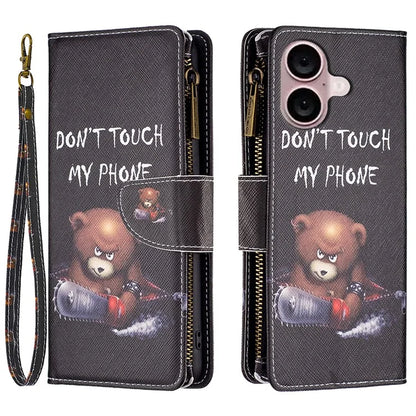 BF03 For iPhone 16 Case Pattern Printing Zipper Leather Phone Stand Cover