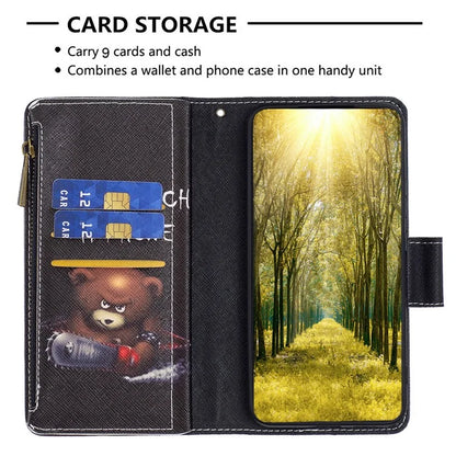 BF03 For iPhone 16 Case Pattern Printing Zipper Leather Phone Stand Cover