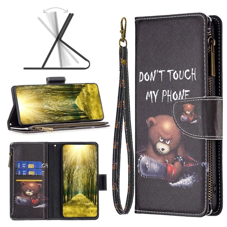 BF03 For iPhone 16 Case Pattern Printing Zipper Leather Phone Stand Cover