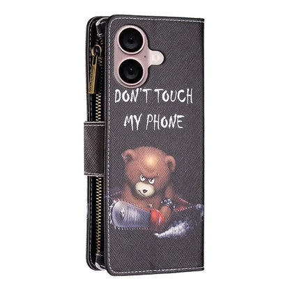 BF03 For iPhone 16 Case Pattern Printing Zipper Leather Phone Stand Cover