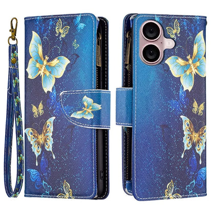 BF03 For iPhone 16 Case Pattern Printing Zipper Leather Phone Stand Cover