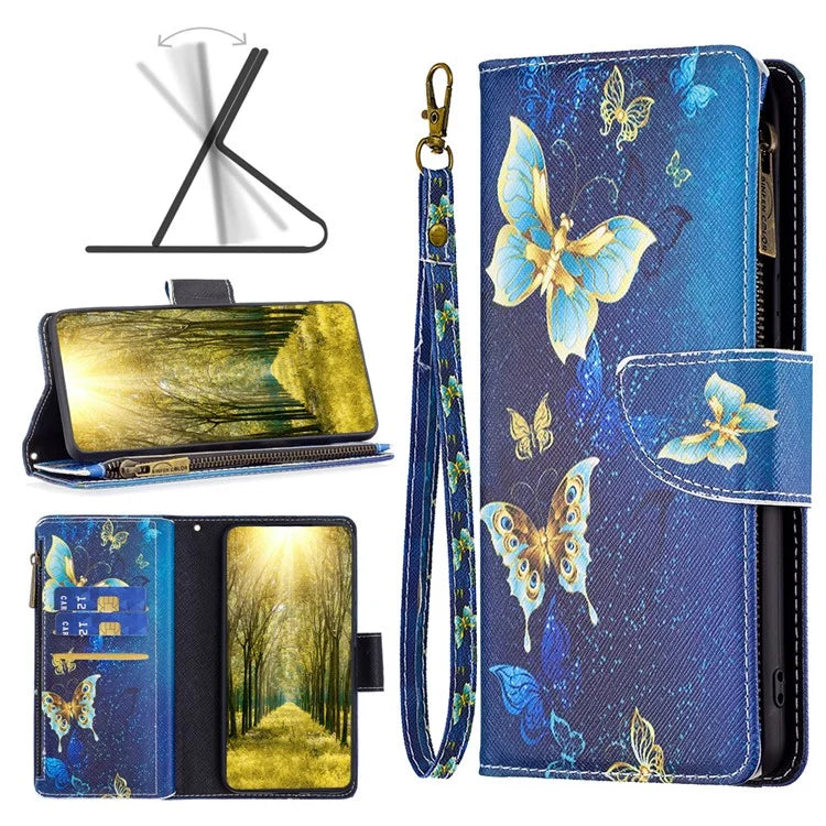 BF03 For iPhone 16 Case Pattern Printing Zipper Leather Phone Stand Cover