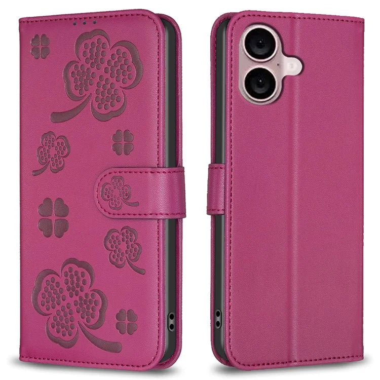 For iPhone 16 Plus Case Wallet Leather Phone Cover Lucky Clover Imprinting