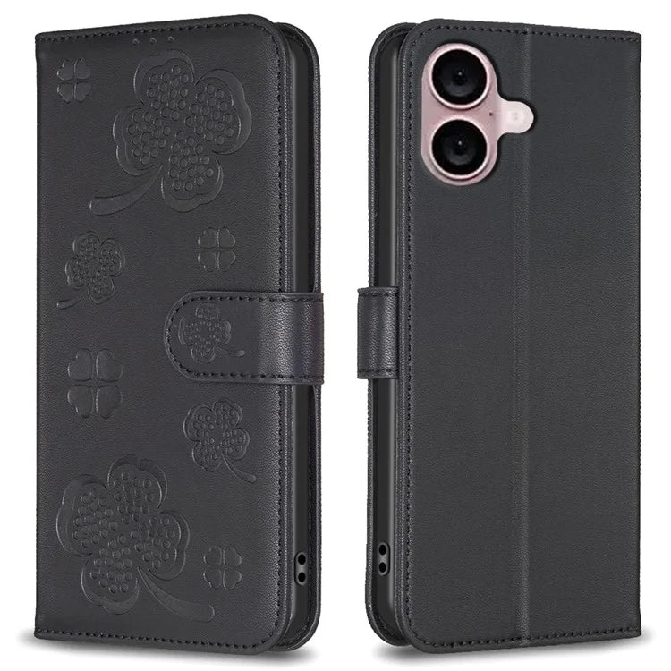 For iPhone 16 Plus Case Wallet Leather Phone Cover Lucky Clover Imprinting