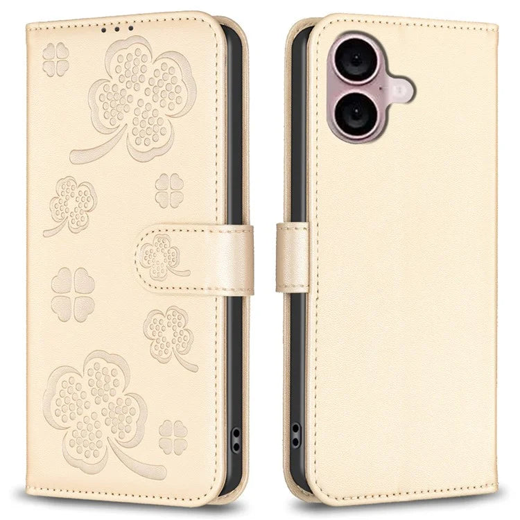 For iPhone 16 Plus Case Wallet Leather Phone Cover Lucky Clover Imprinting