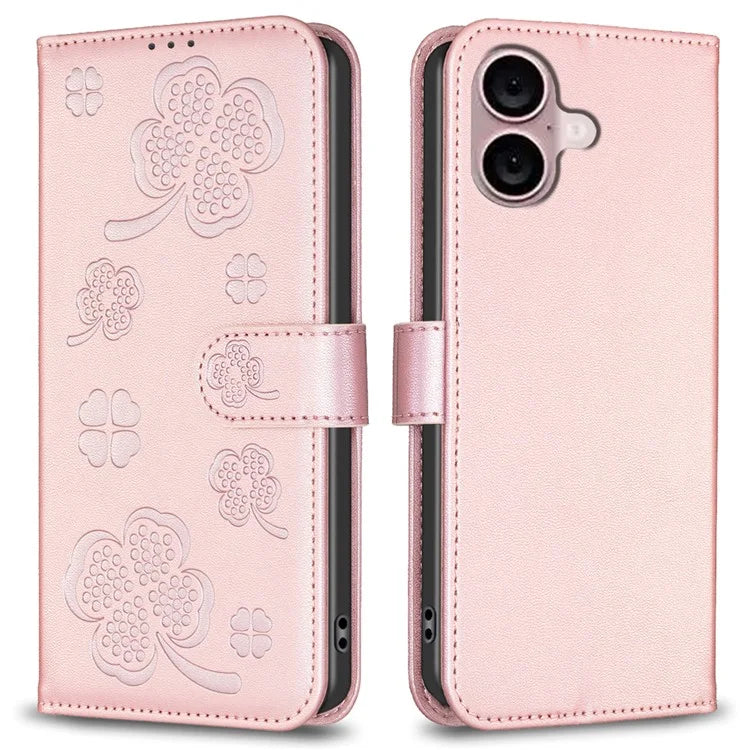 For iPhone 16 Plus Case Wallet Leather Phone Cover Lucky Clover Imprinting