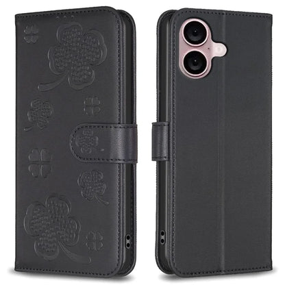 For iPhone 16 Case Lucky Clover Imprinting Wallet PU Leather Phone Cover