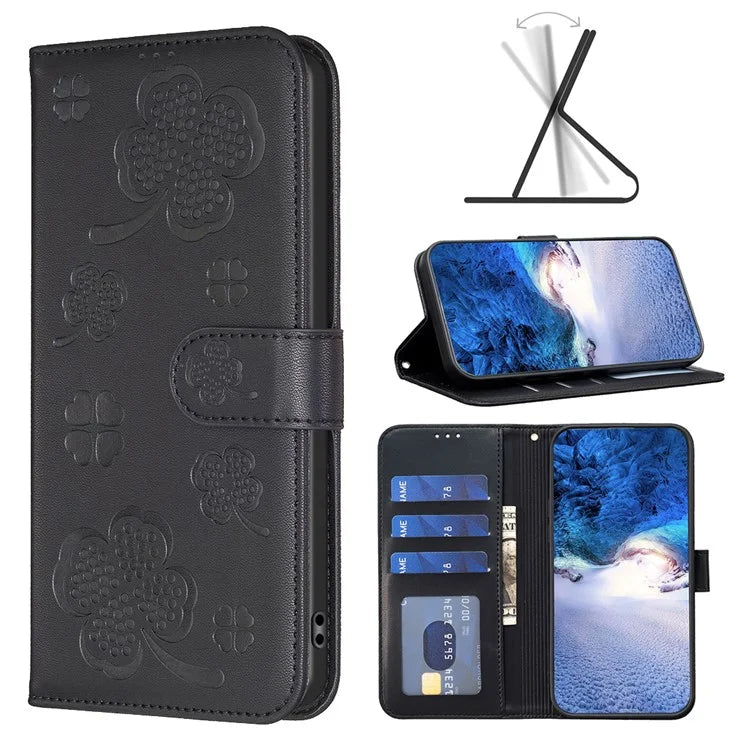 For iPhone 16 Case Lucky Clover Imprinting Wallet PU Leather Phone Cover