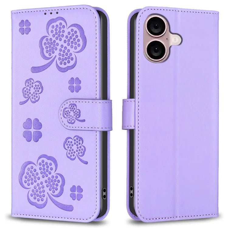 For iPhone 16 Case Lucky Clover Imprinting Wallet PU Leather Phone Cover