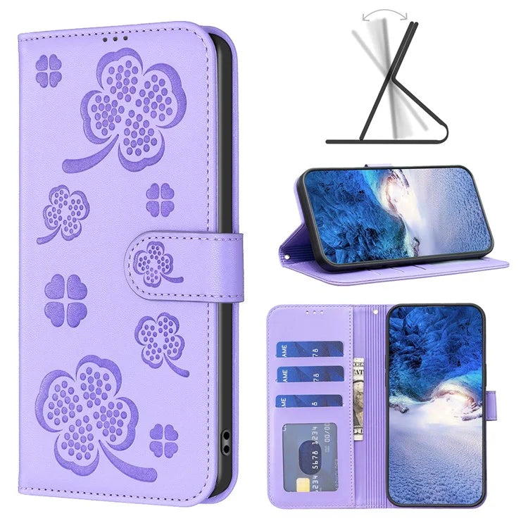 For iPhone 16 Case Lucky Clover Imprinting Wallet PU Leather Phone Cover