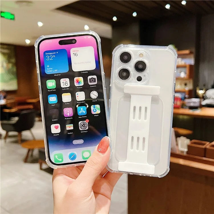 For iPhone 15 Pro Max Case Clear TPU Phone Cover I-Shape Wristband Finger Holder
