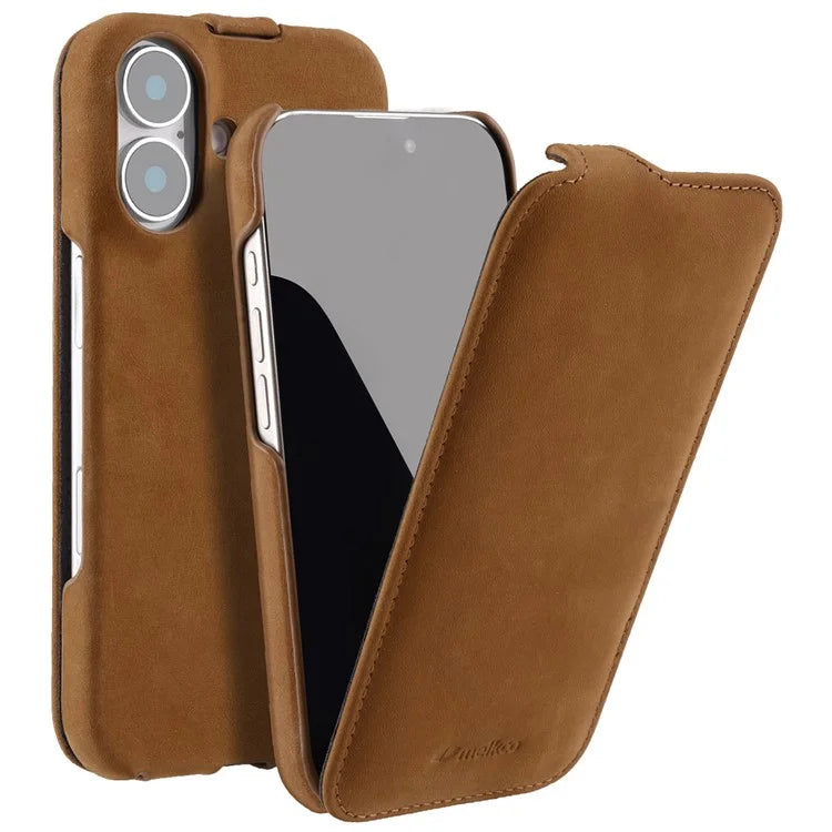 MELKCO For iPhone 16 Plus Magnetic Case Vertical Flip Genuine Cow Leather+PC Shockproof Cover