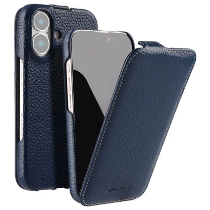 MELKCO For iPhone 16 Plus Magnetic Case Vertical Flip Genuine Cow Leather+PC Shockproof Cover
