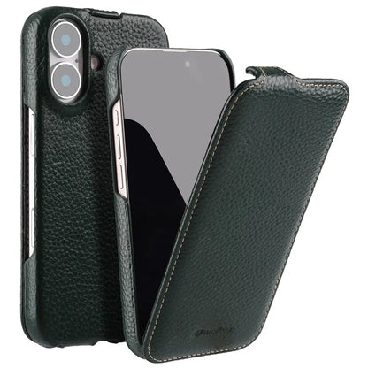 MELKCO For iPhone 16 Plus Magnetic Case Vertical Flip Genuine Cow Leather+PC Shockproof Cover