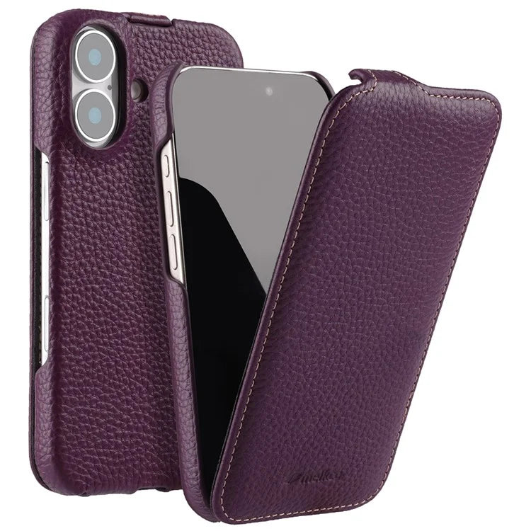 MELKCO For iPhone 16 Plus Magnetic Case Vertical Flip Genuine Cow Leather+PC Shockproof Cover