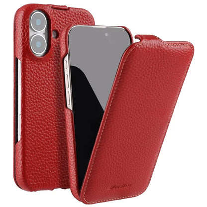 MELKCO For iPhone 16 Plus Magnetic Case Vertical Flip Genuine Cow Leather+PC Shockproof Cover