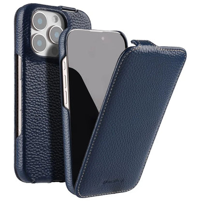 MELKCO For iPhone 16 Pro Magnetic Case Vertical Flip Genuine Cow Leather+PC Shockproof Cover
