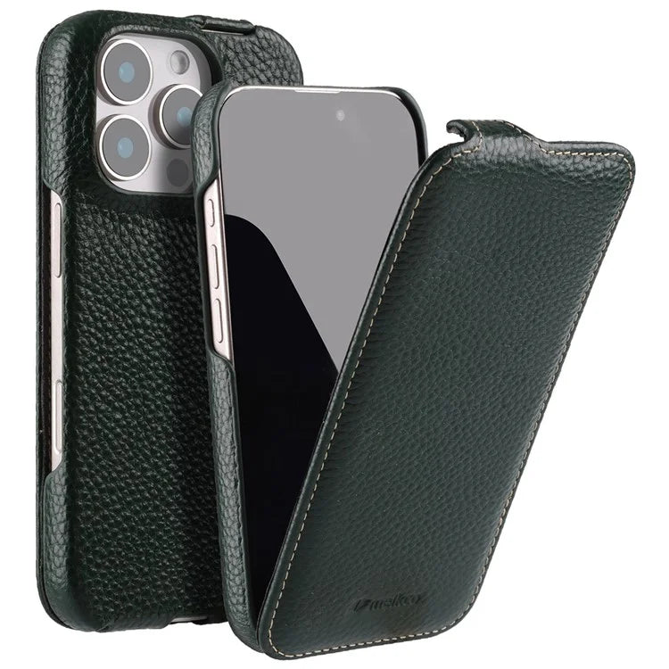 MELKCO For iPhone 16 Pro Magnetic Case Vertical Flip Genuine Cow Leather+PC Shockproof Cover