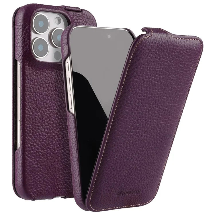 MELKCO For iPhone 16 Pro Magnetic Case Vertical Flip Genuine Cow Leather+PC Shockproof Cover