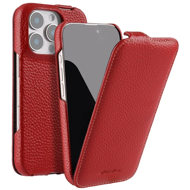 MELKCO For iPhone 16 Pro Magnetic Case Vertical Flip Genuine Cow Leather+PC Shockproof Cover