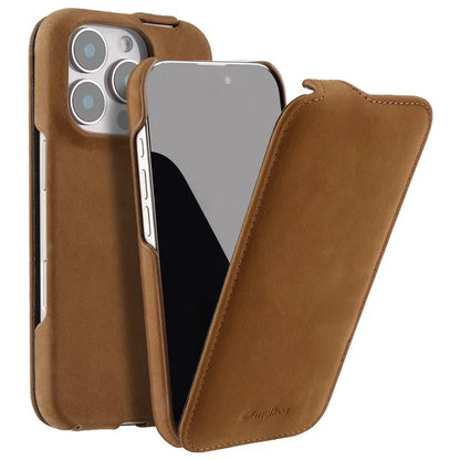 MELKCO For iPhone 16 Pro Max Magnetic Case Vertical Flip Genuine Cow Leather+PC Shockproof Cover