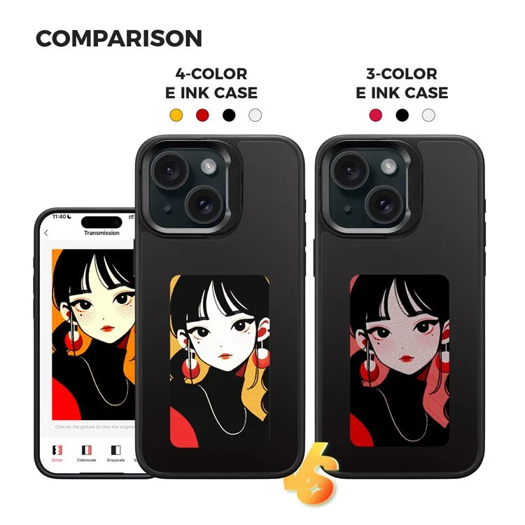INKZONE For iPhone 15 E Ink Phone Case Kickstand Four-Color Display NFC Projection Pattern
