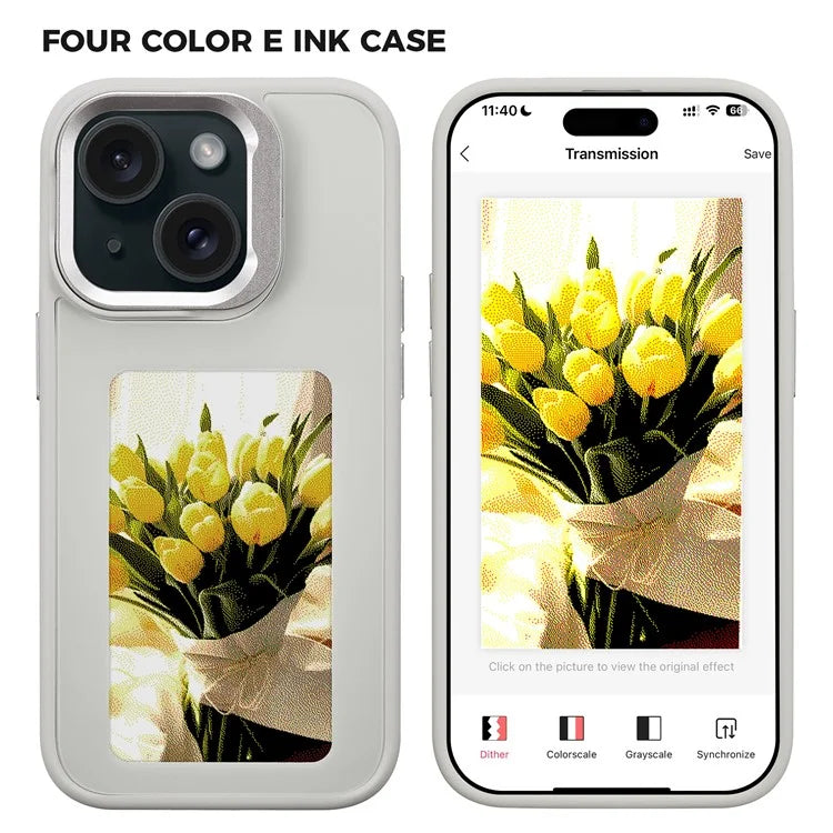 INKZONE For iPhone 15 E Ink Phone Case Kickstand Four-Color Display NFC Projection Pattern