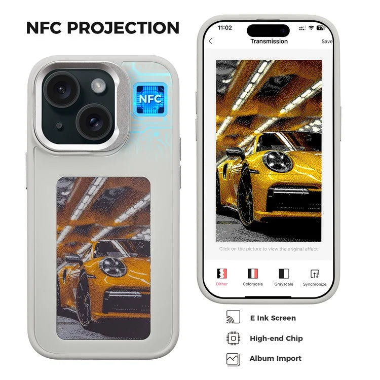 INKZONE For iPhone 15 E Ink Phone Case Kickstand Four-Color Display NFC Projection Pattern