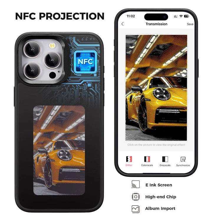 INKZONE For iPhone 15 Pro 4-Color E Ink Phone Cover NFC Projection DIY Pattern Kickstand