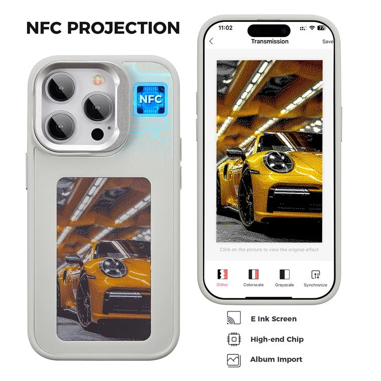 INKZONE For iPhone 15 Pro 4-Color E Ink Phone Cover NFC Projection DIY Pattern Kickstand